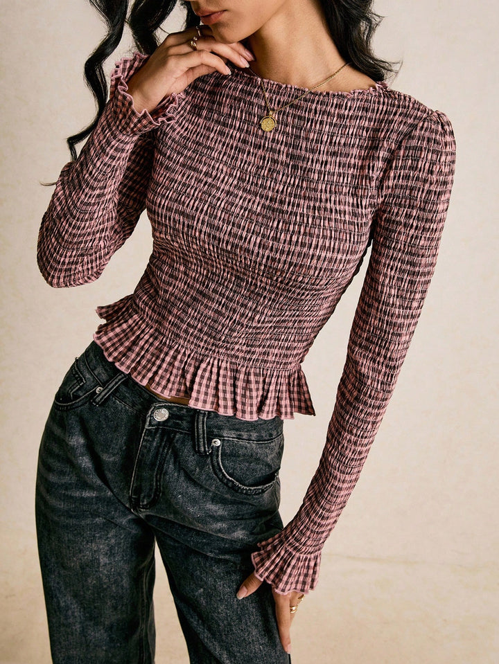 Multi Boat Neck Checkered Smocked Top