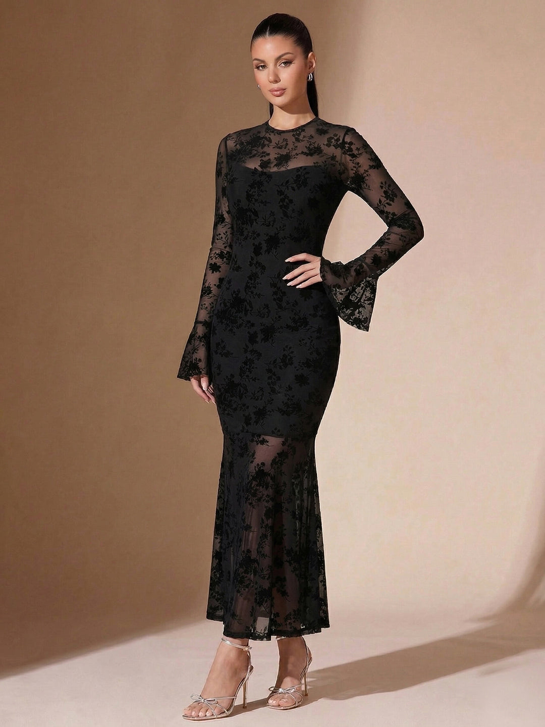 Black Full Sleeve Lace Detail Dress