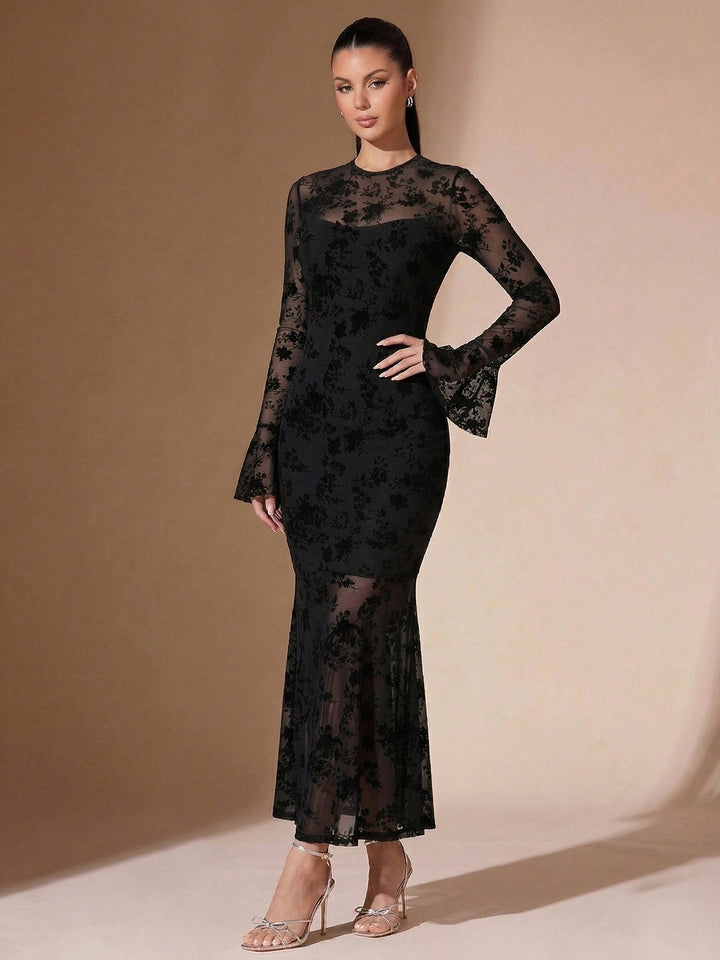 Black Full Sleeve Lace Detail Dress