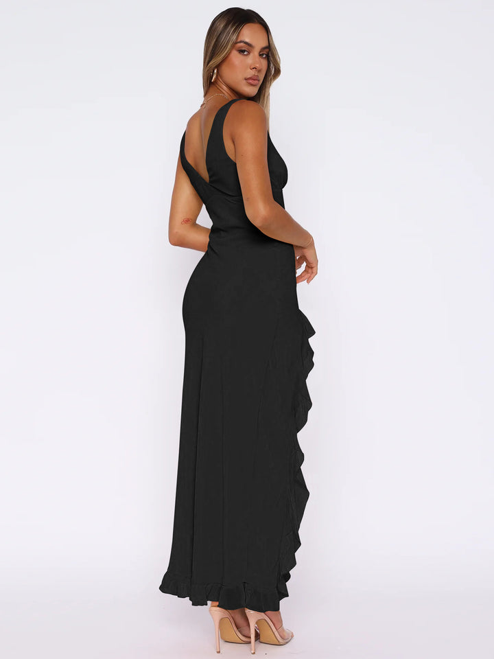 Black Shoulder Strap Ruffle Hem Dress