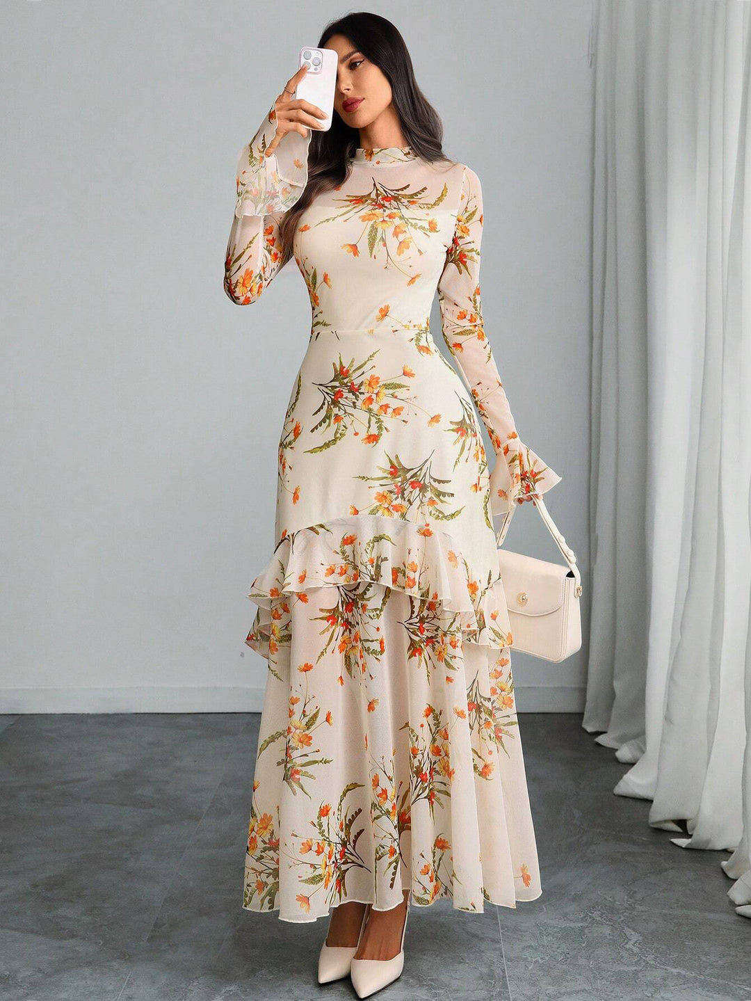 Off White Bell Sleeve Printed Ruffle Detail Dress