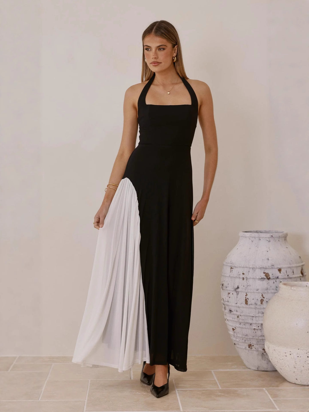 Black Halter Neck Dual Coloured Dress