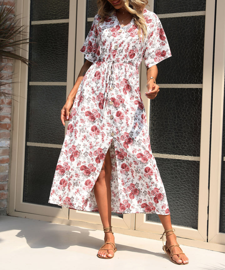 White Short Sleeve Waist Fitted Printed Slit Dress