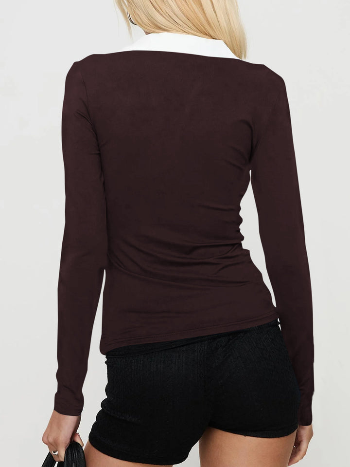 Brown Contrast Polo Collared Fitted Top