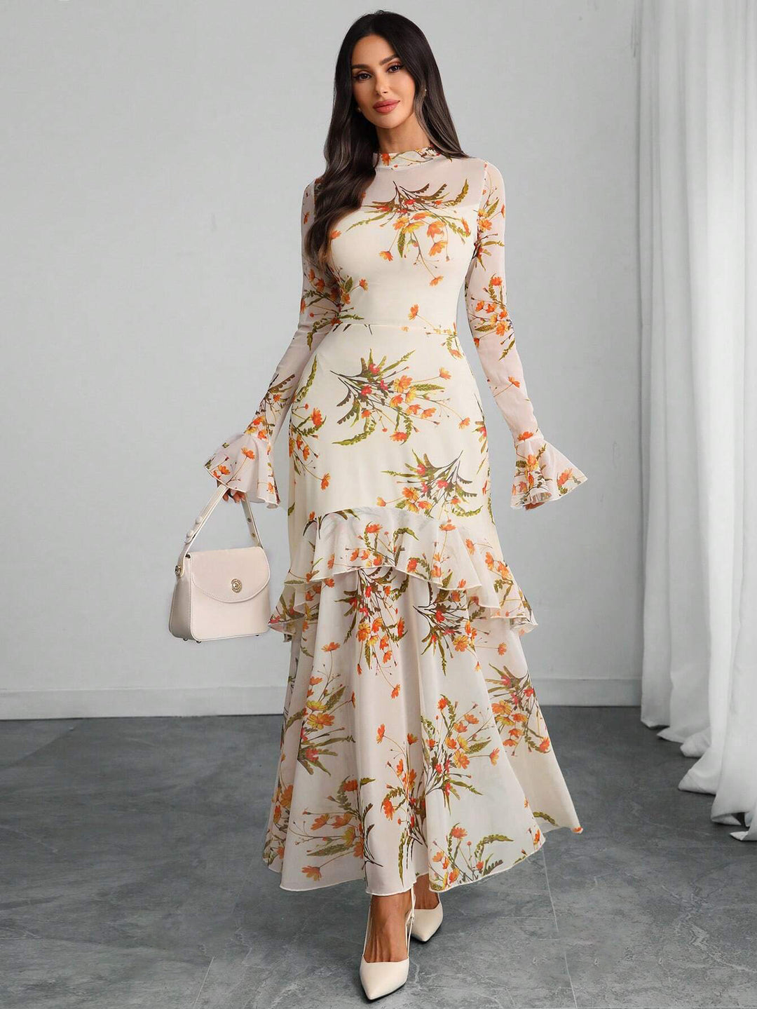 Off White Bell Sleeve Printed Ruffle Detail Dress