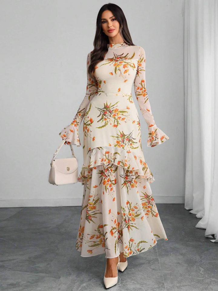 Off White Bell Sleeve Printed Ruffle Detail Dress