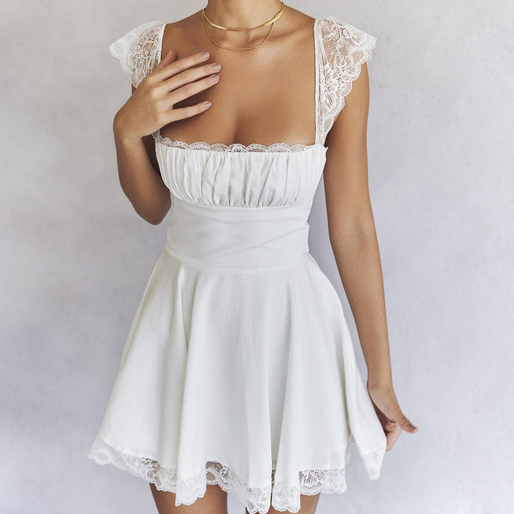 White Ruffle Sleeve Lace Hem Dress