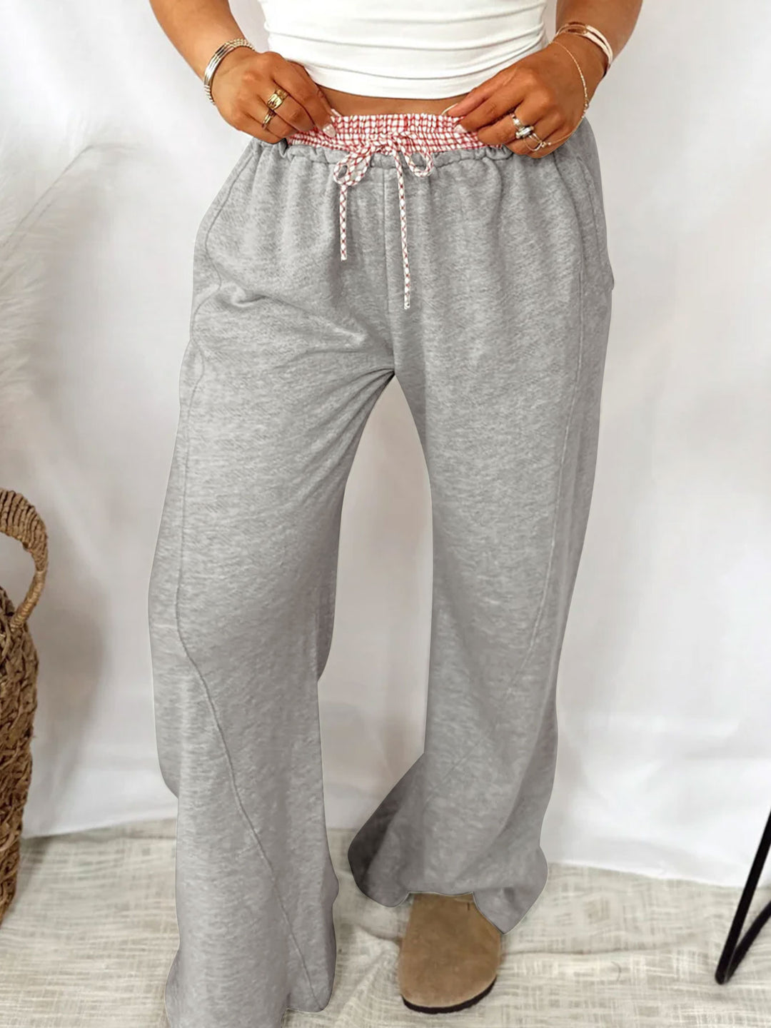 Grey High Waisted Sweatpants With Contrast Waistband