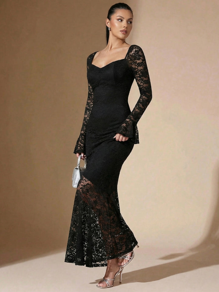 Black Bell Sleeve Sweetheart Neck Dress