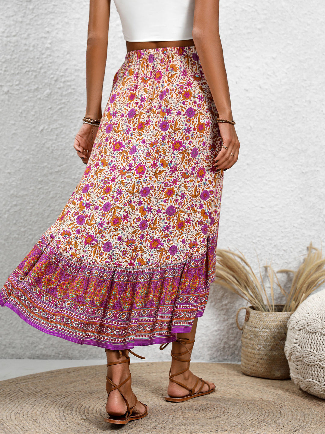 Multi High Waist Ruffle Hem Printed Skirt