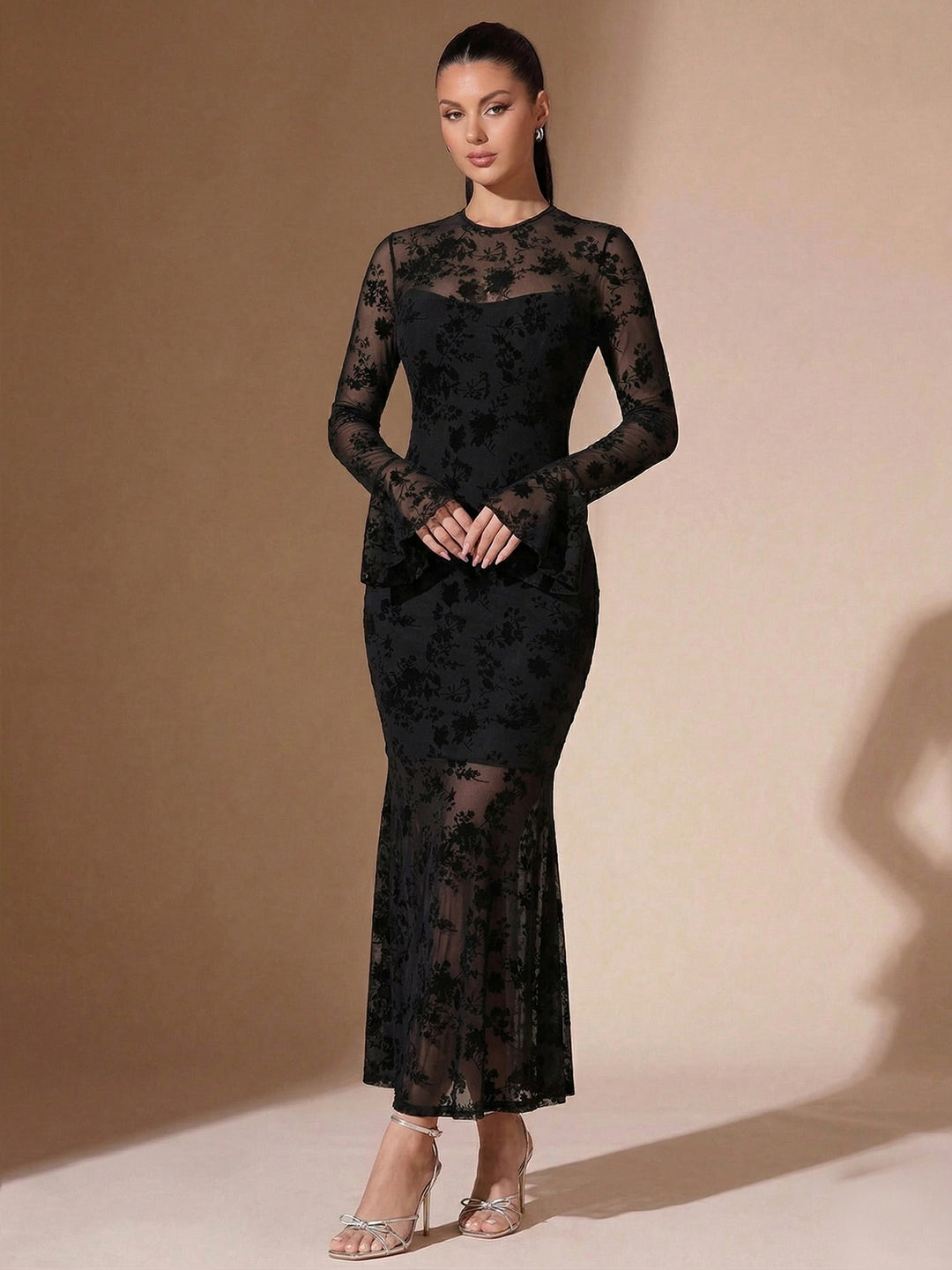 Black Full Sleeve Lace Detail Dress