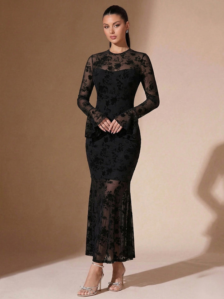 Black Full Sleeve Lace Detail Dress