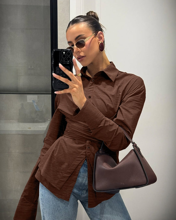 Brown Full Sleeve Waist Wrap Shirt