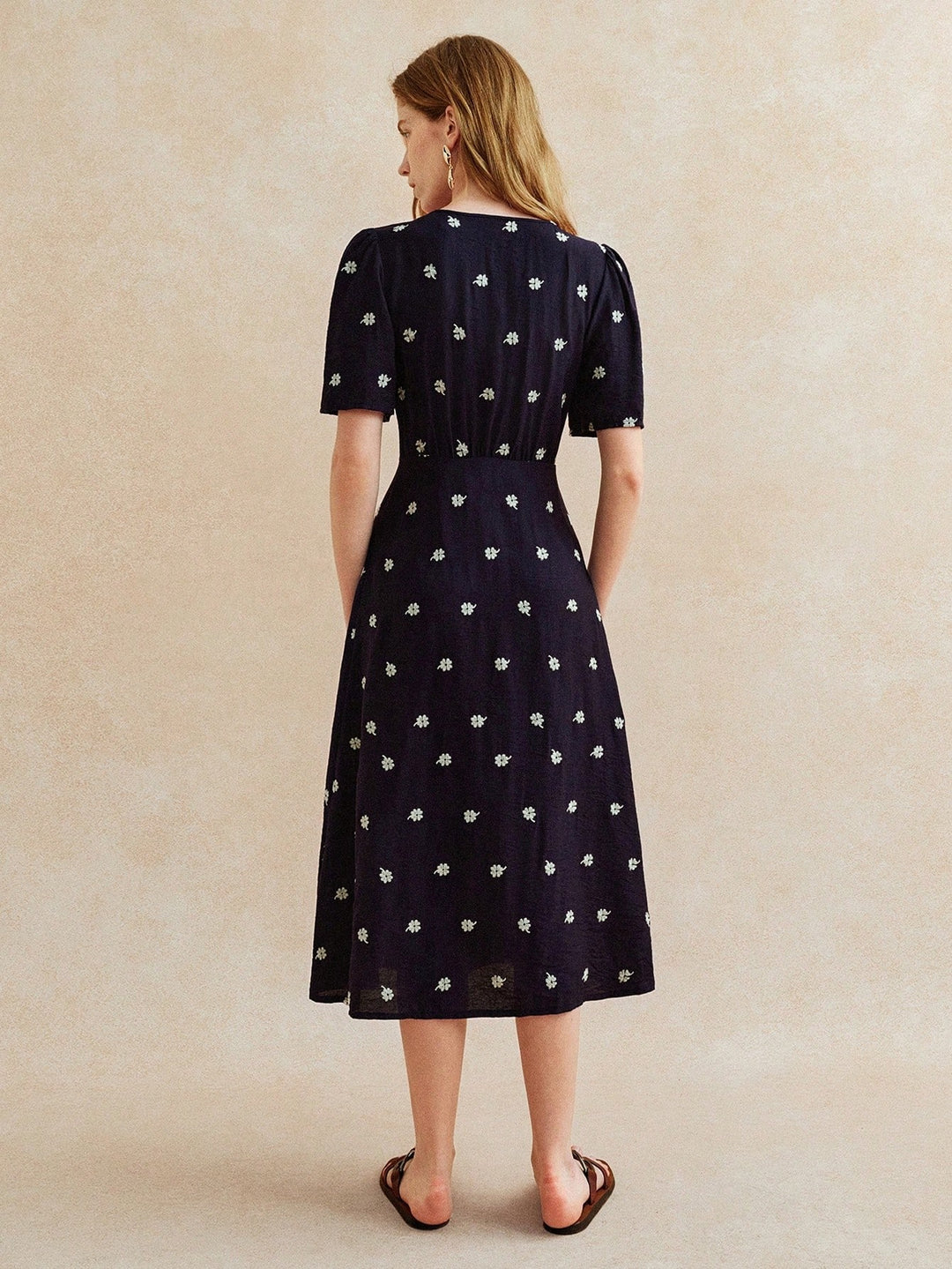 Navy Blue Short Sleeve V Neck Front Slit Dress