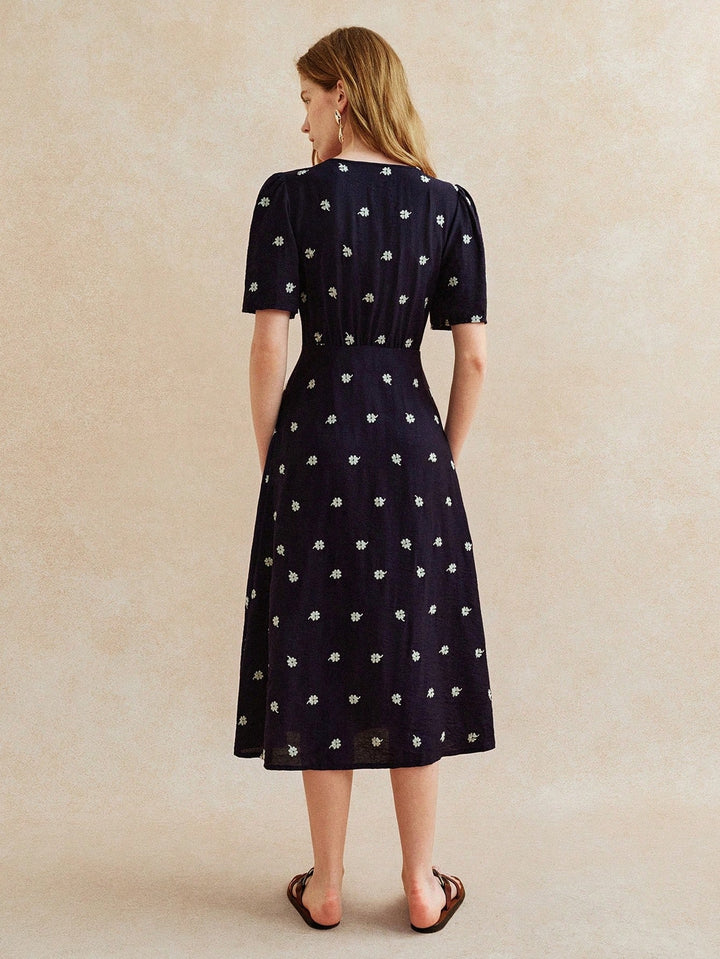Navy Blue Short Sleeve V Neck Front Slit Dress