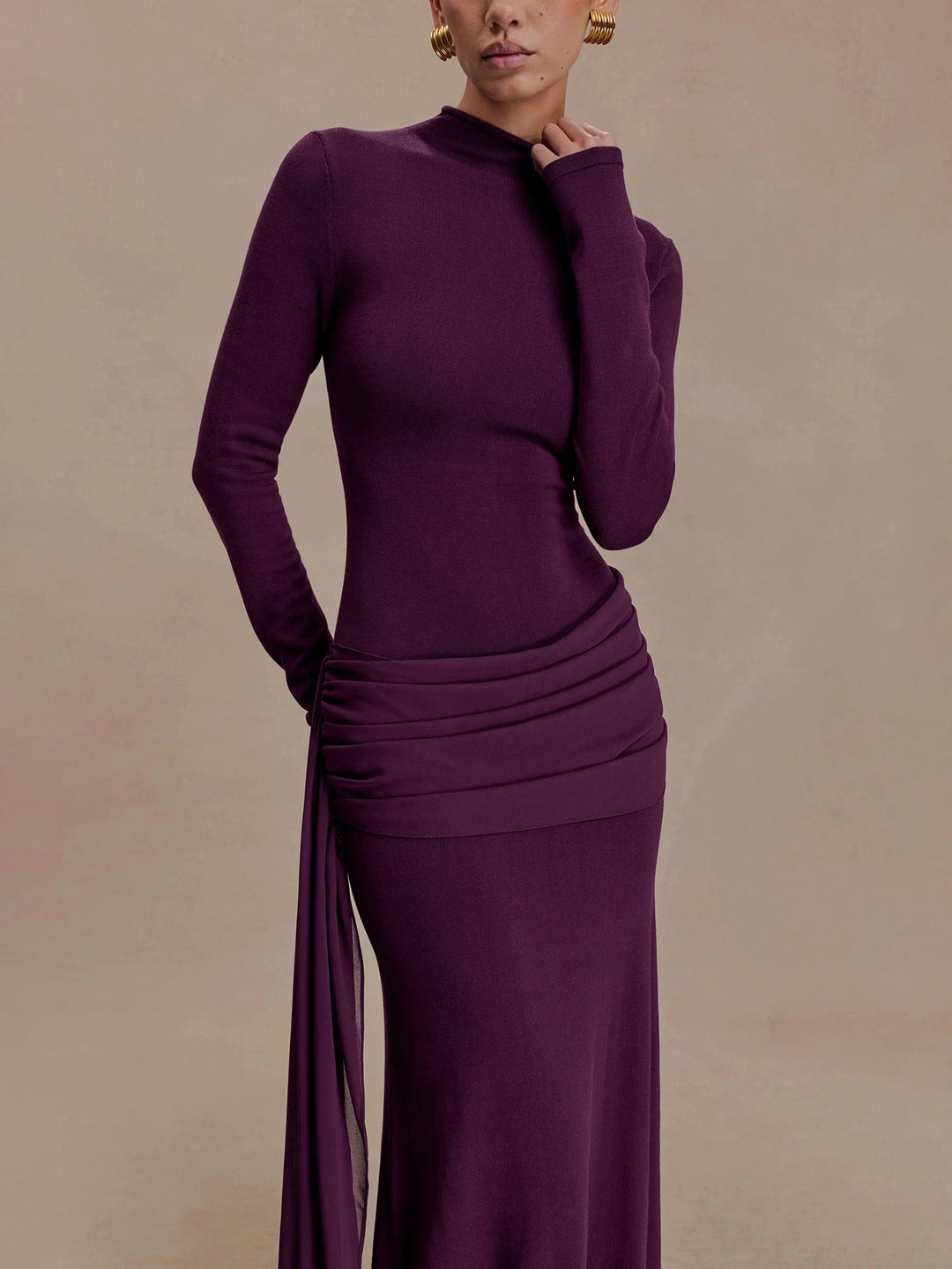 Purple Full Sleeve Waist Draped Dress
