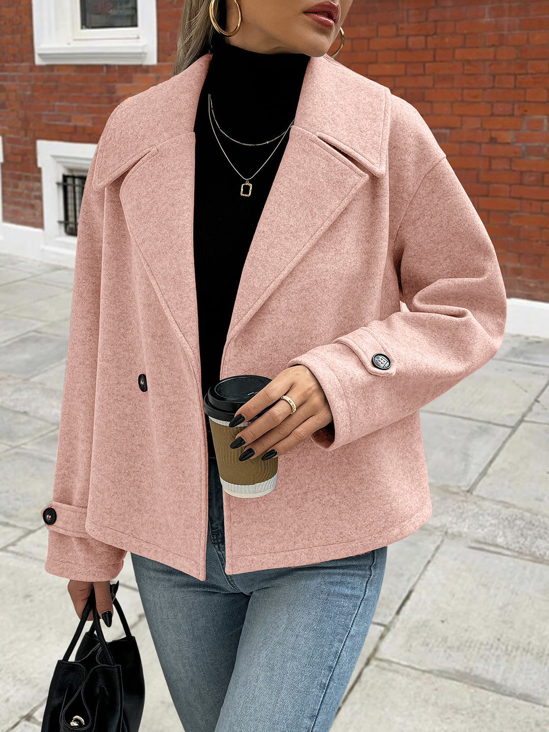 Pink Full Sleeve Stylized Collar Coat
