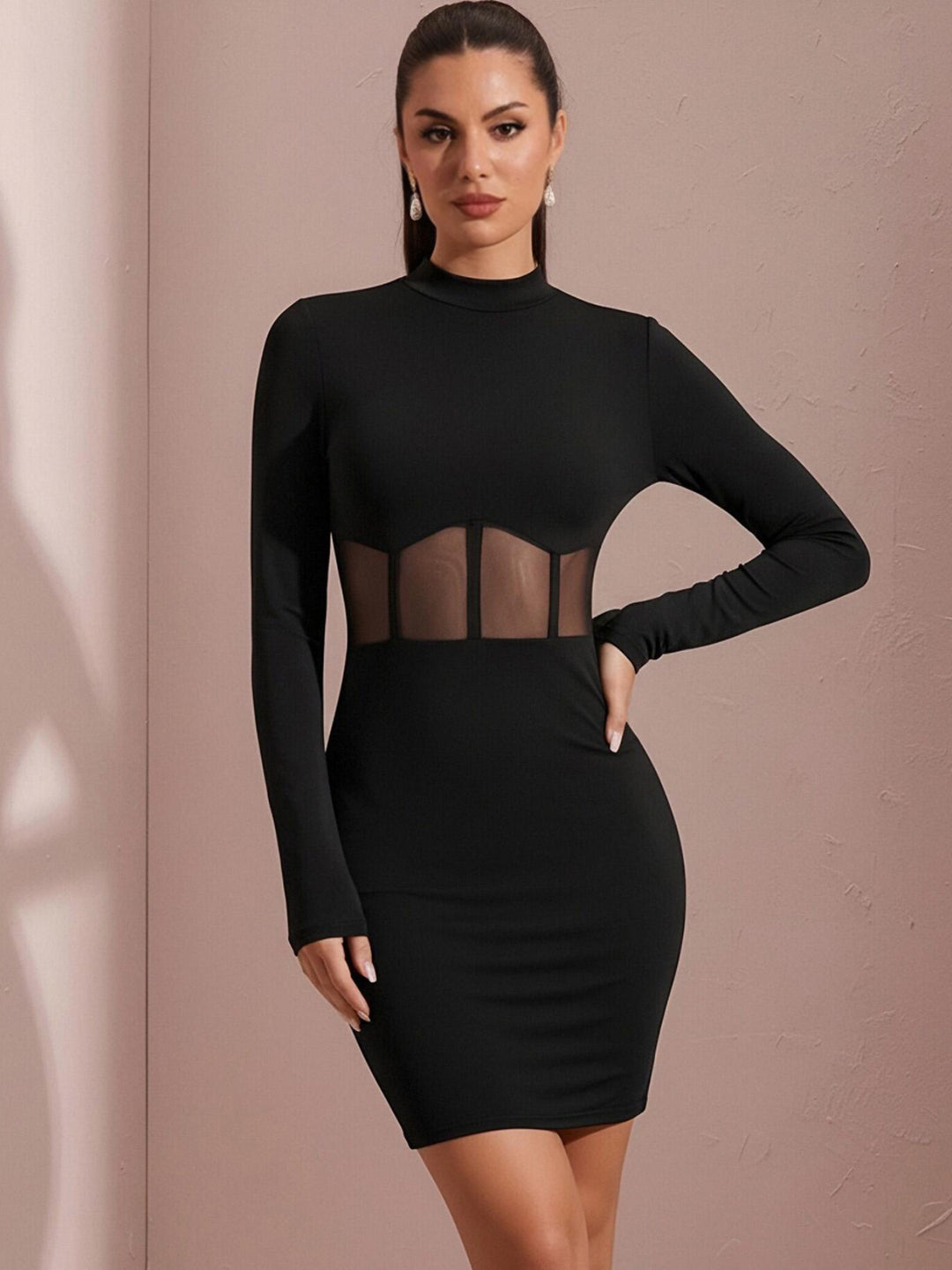 Black Full Sleeve Corset Detail Dress