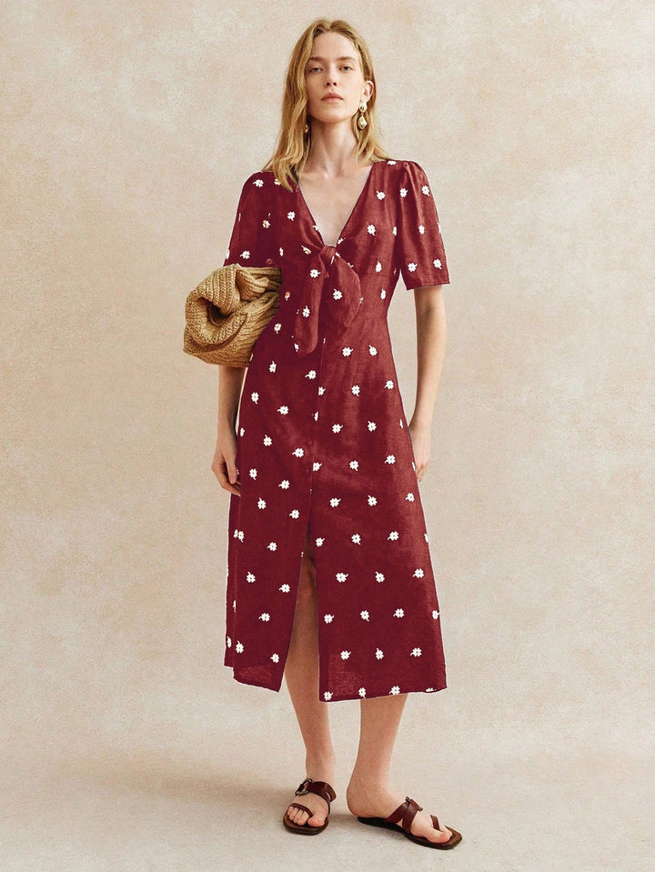 Maroon Short Sleeve V Neck Front Slit Dress