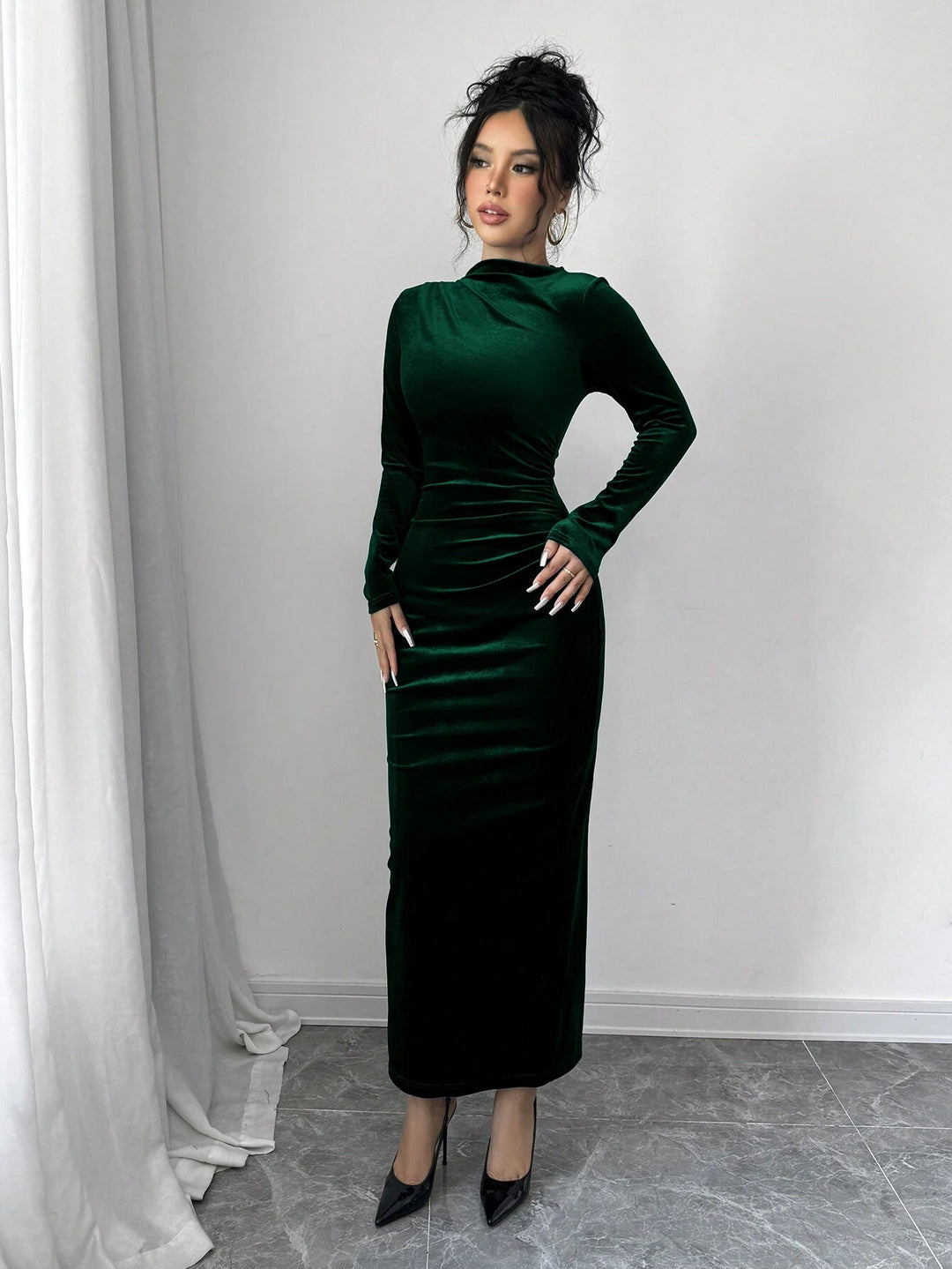 Green Full Sleeve Mock Neck Fitted Dress