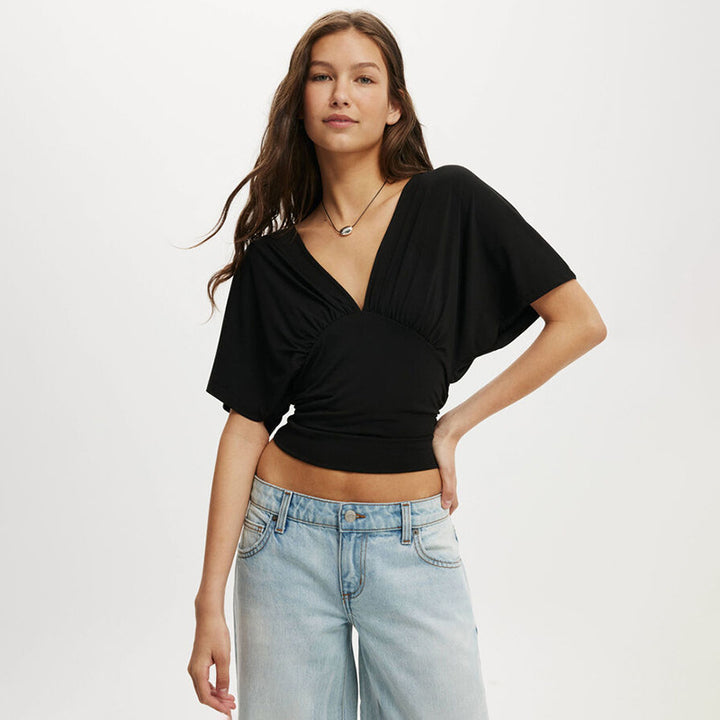 Black Flare Sleeve V Neck Top