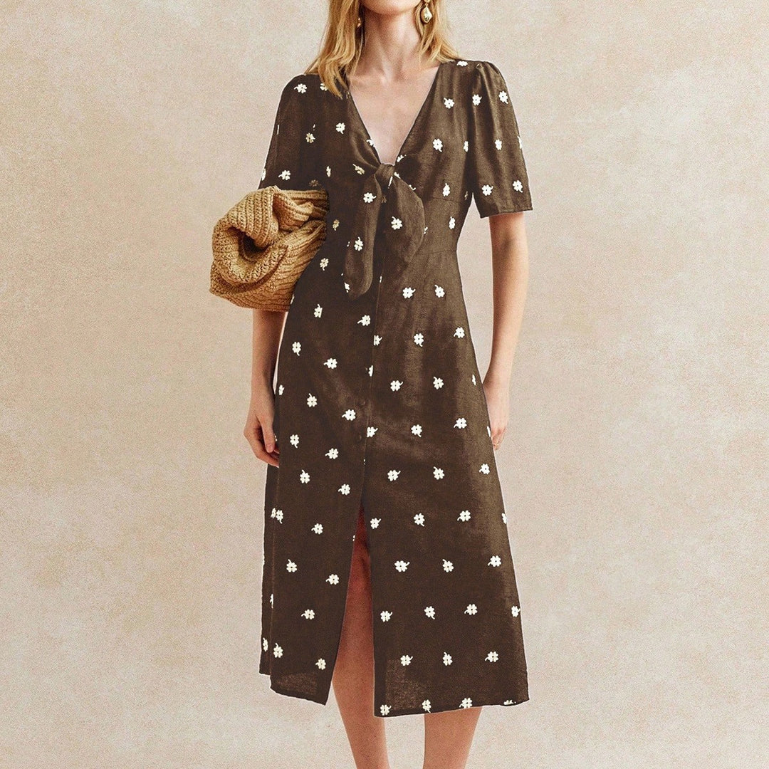 Brown V Neck Polka Dotted Dress