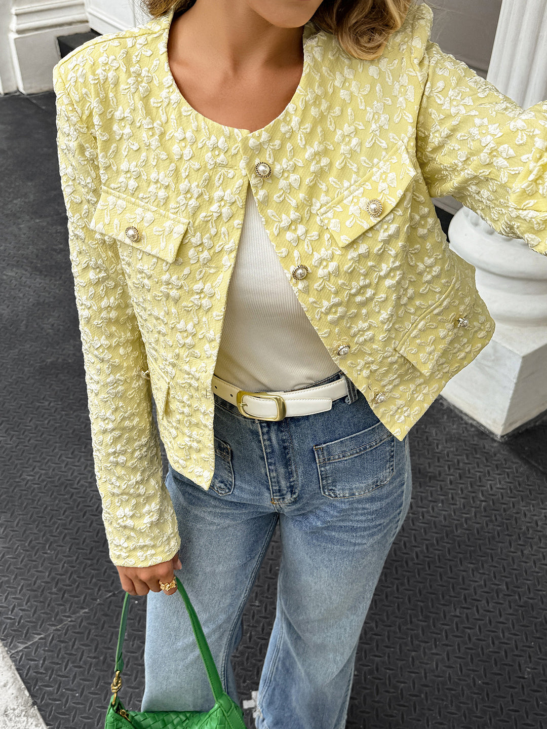 Yellow Full Sleeve Double Pocket Detail Textured Jacket
