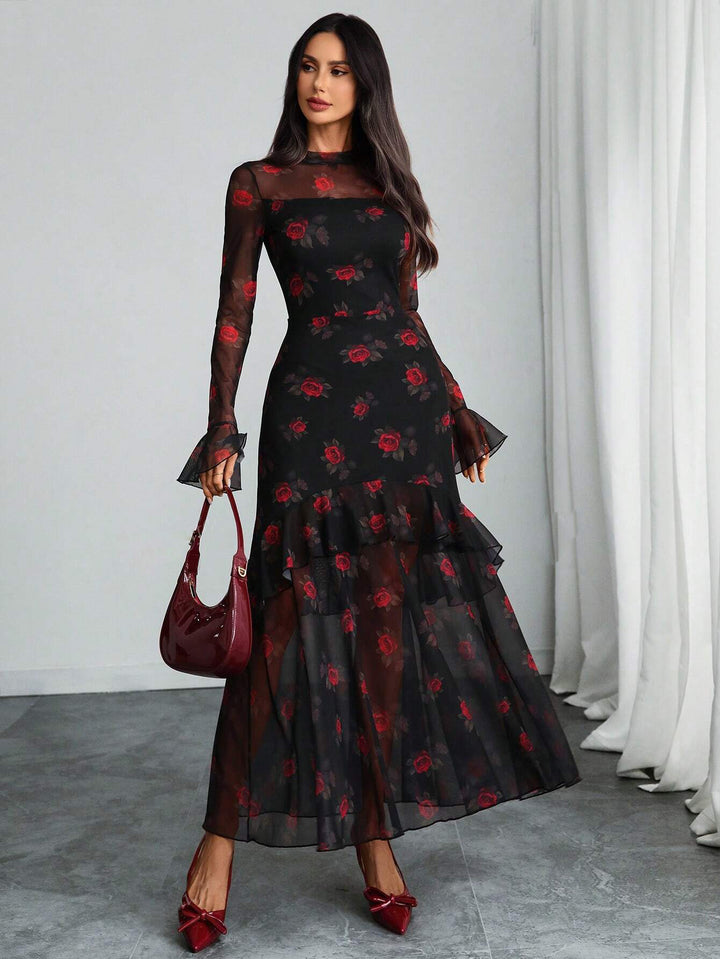 Black Bell Sleeve Printed Ruffle Detail Dress