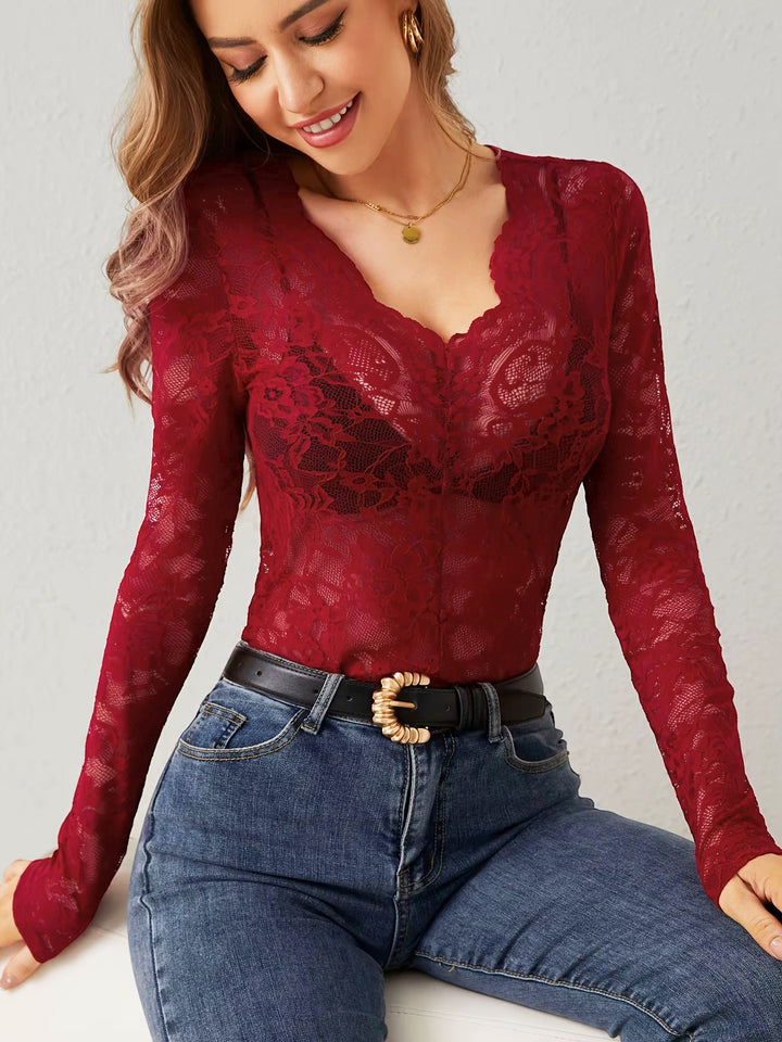 Maroon Scallop Neck Lace Detail Top