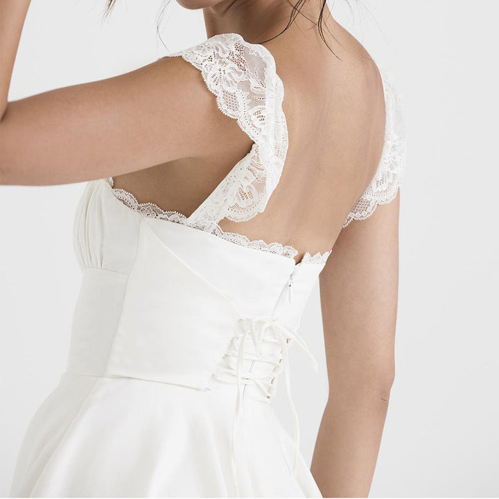 White Ruffle Sleeve Lace Hem Dress