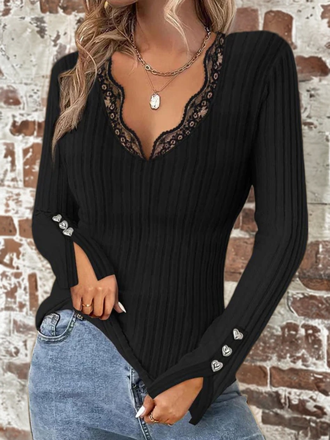 Black Scallop Neckline Fitted Top