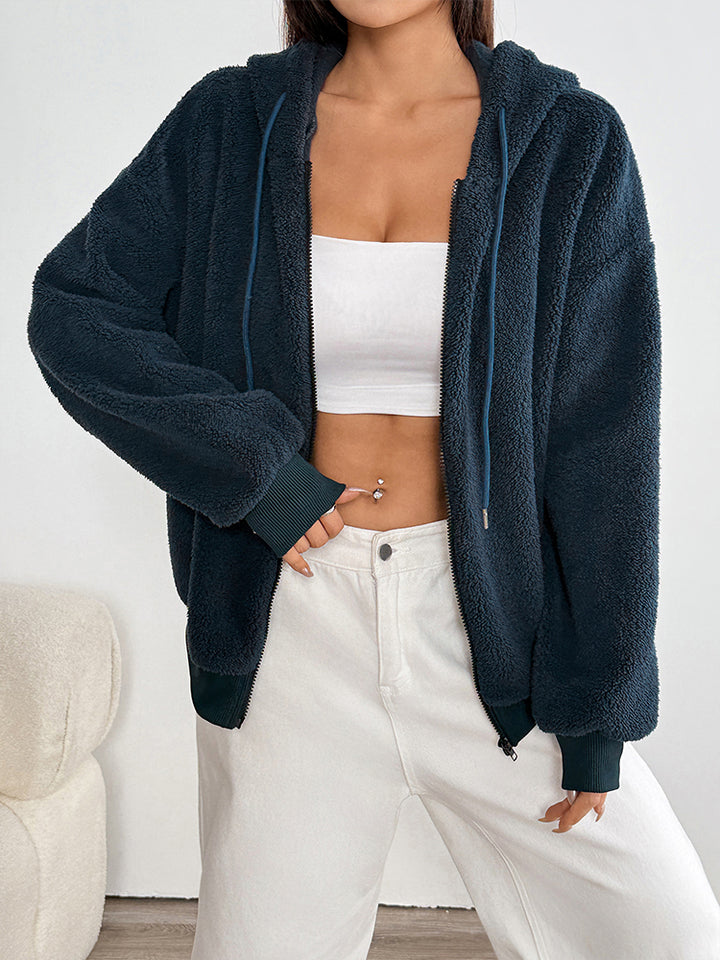 Navy Blue Full Sleeve Slouchy Hooded Jacket