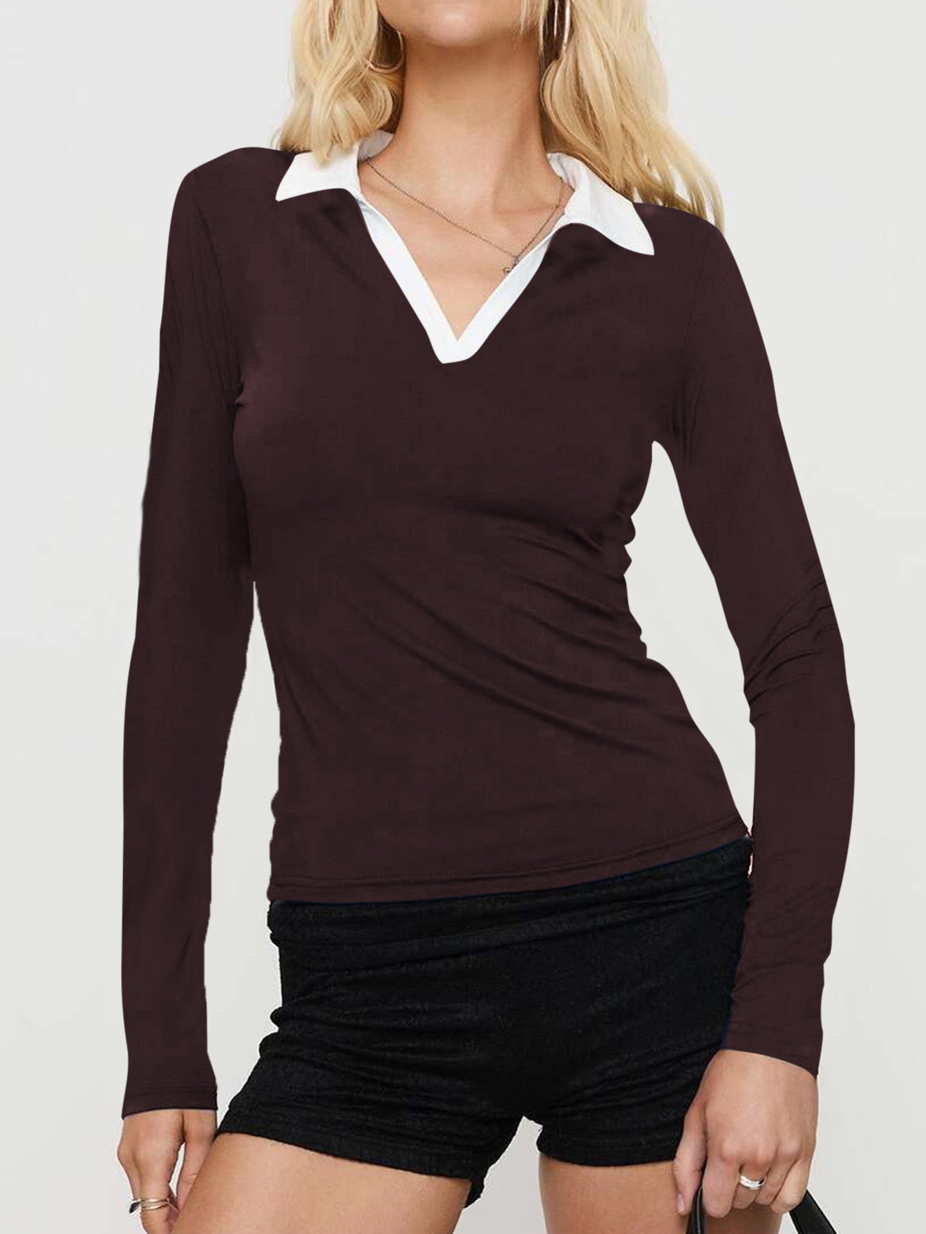 Brown Contrast Polo Collared Fitted Top