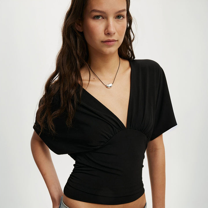 Black Flare Sleeve V Neck Top
