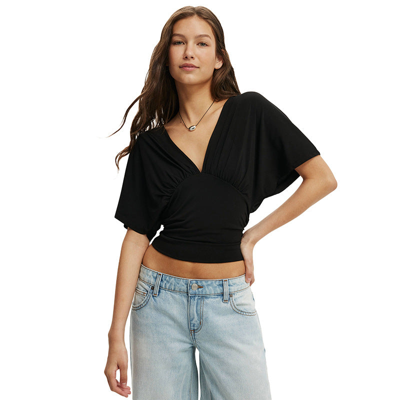 Black Flare Sleeve V Neck Top