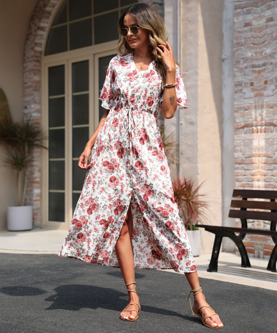 White Short Sleeve Waist Fitted Printed Slit Dress
