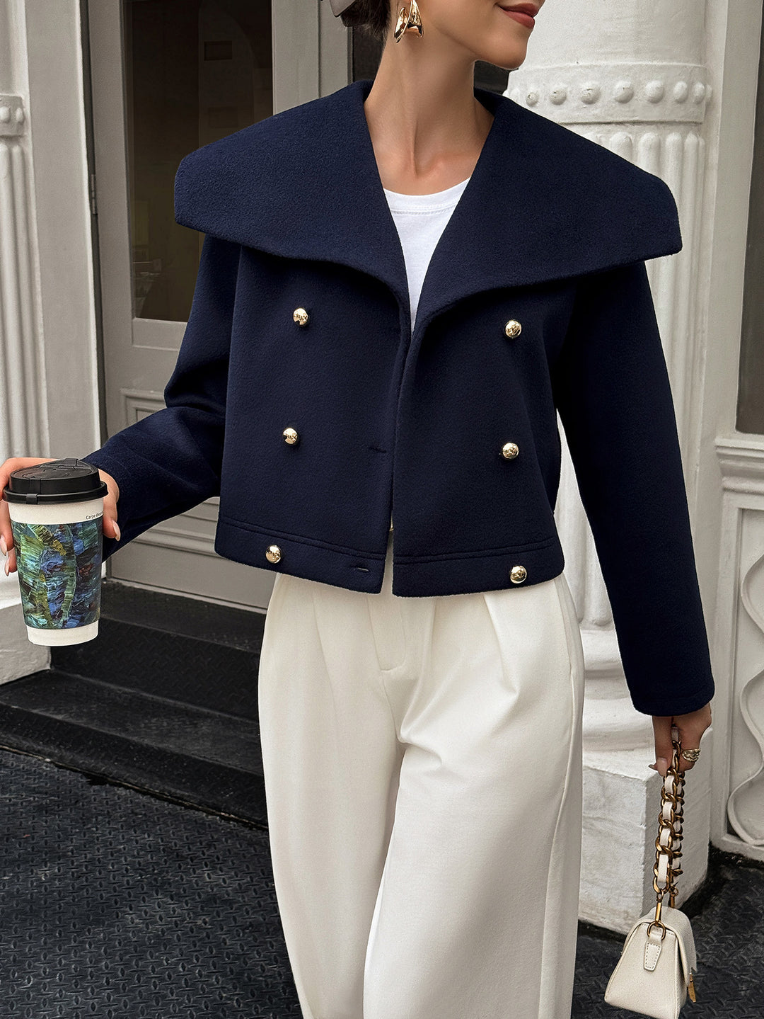 Navy Blue Full Sleeve Stylized Collar Coat