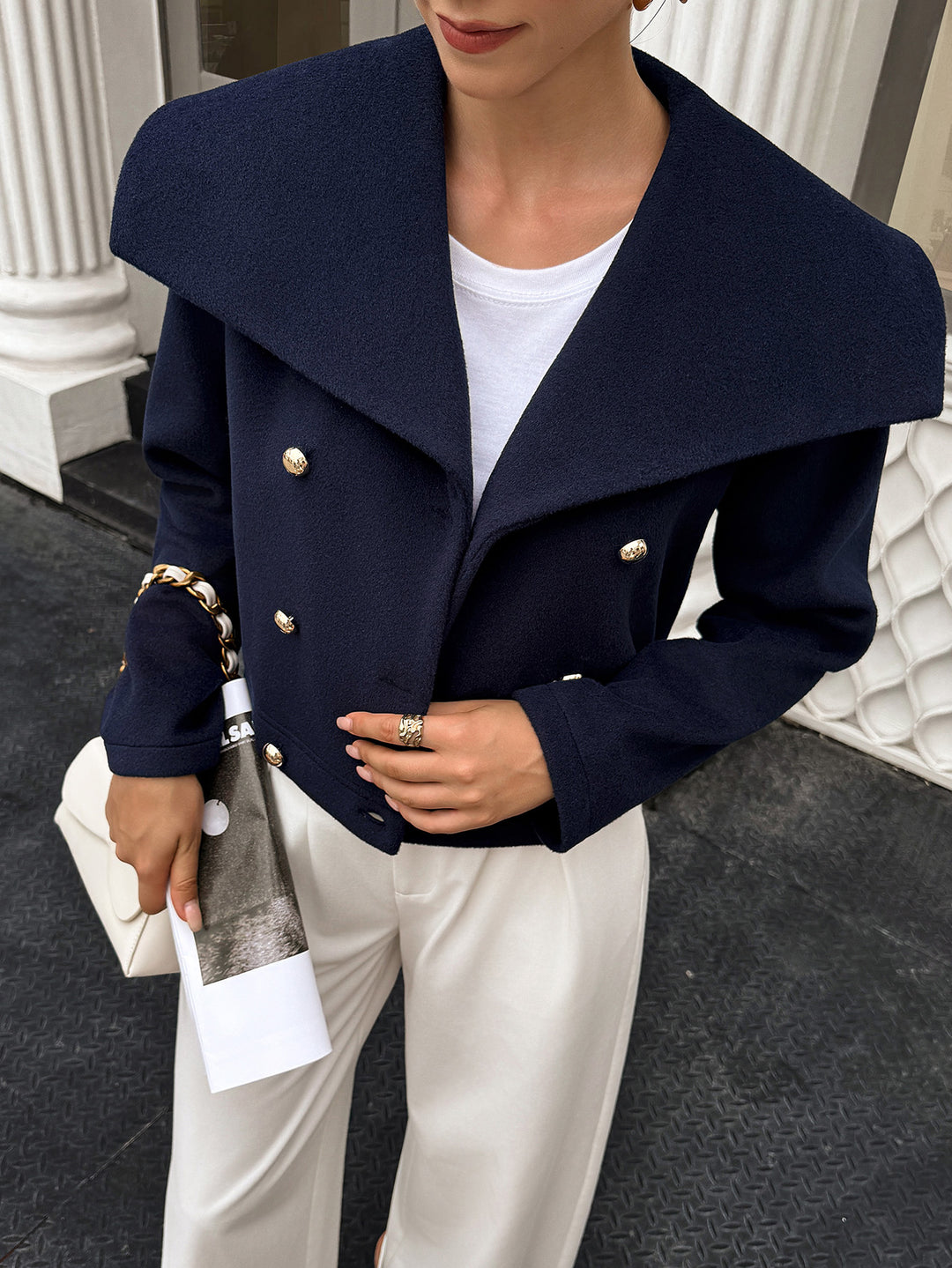 Navy Blue Full Sleeve Stylized Collar Coat