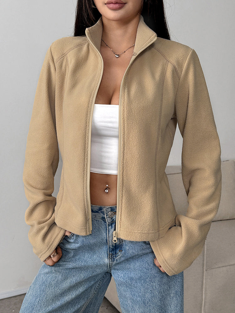 Khaki Full Sleeve Front Zip Collared Jacket
