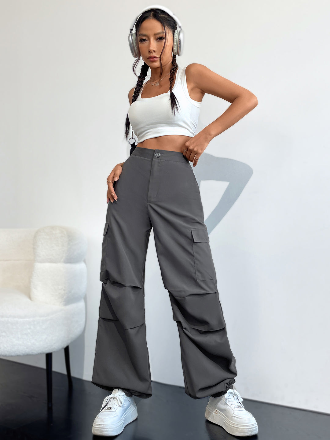 Pin-Tucked Grey Cargo Pants