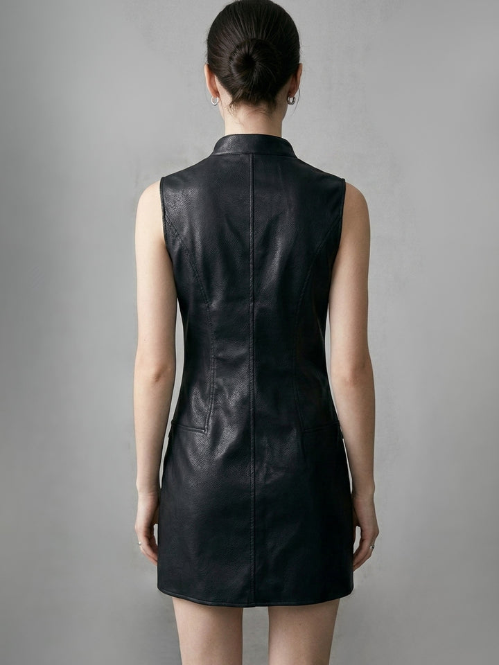 Black Sleeveless Fitted Pu Dress