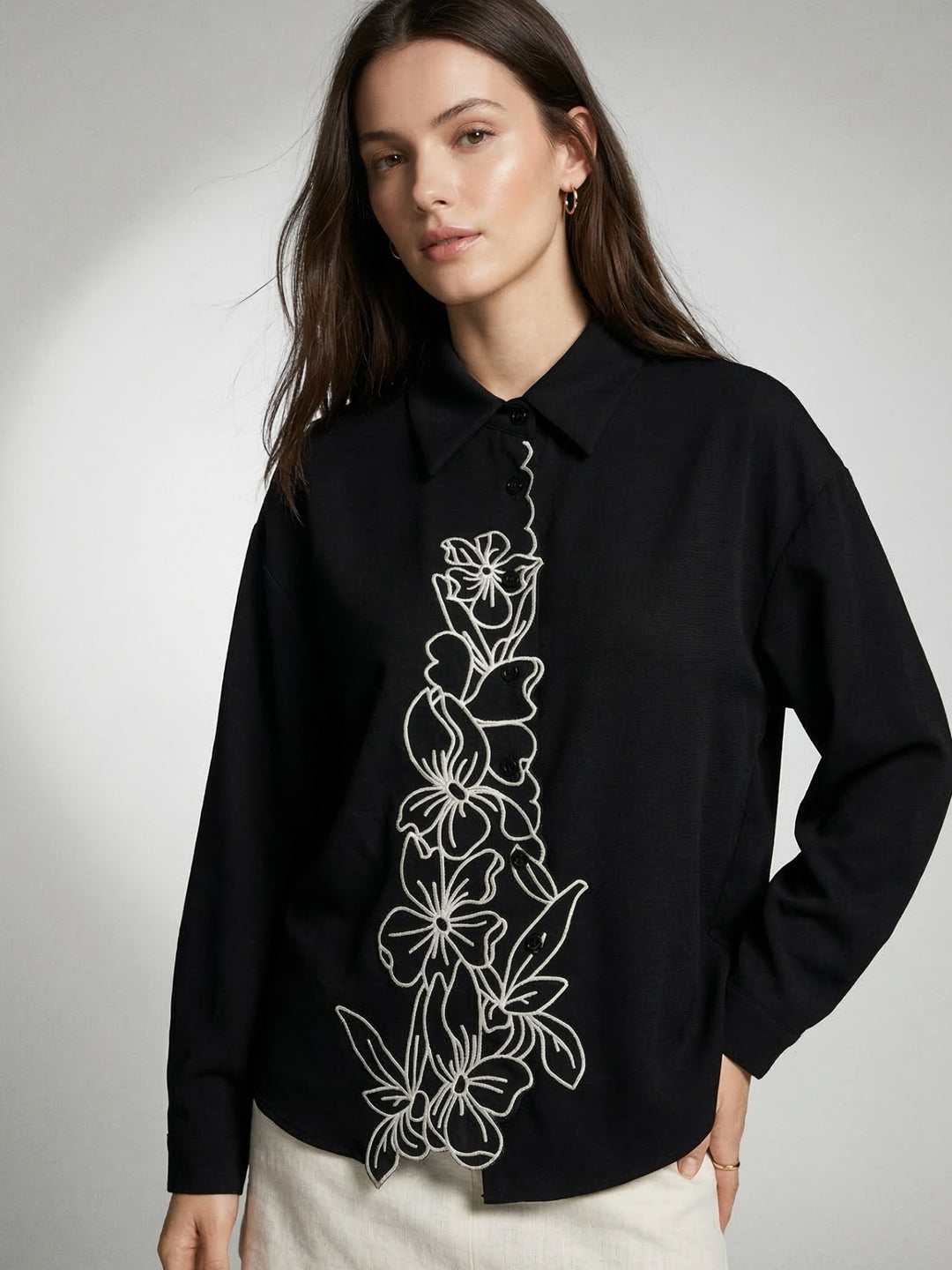 Black Flower Appliqued Front Buttoned Shirt