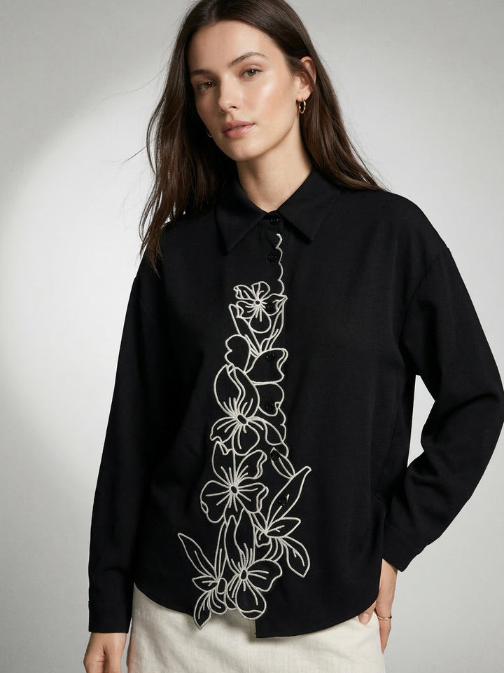 Black Flower Appliqued Front Buttoned Shirt
