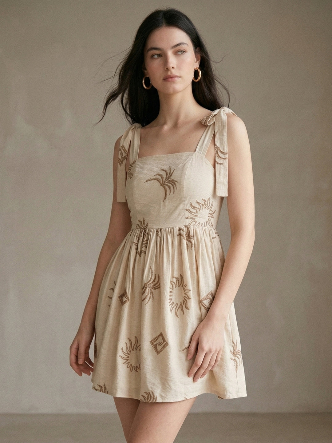 Beige Shoulder Tie-Up Printed Dress