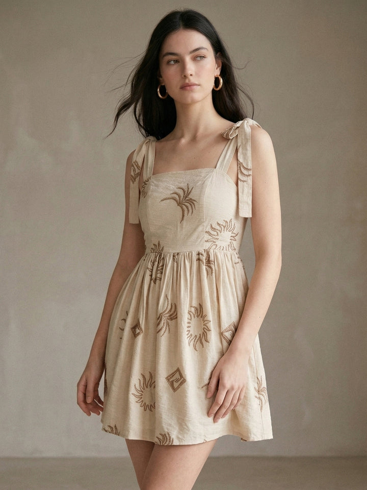 Beige Shoulder Tie-Up Printed Dress