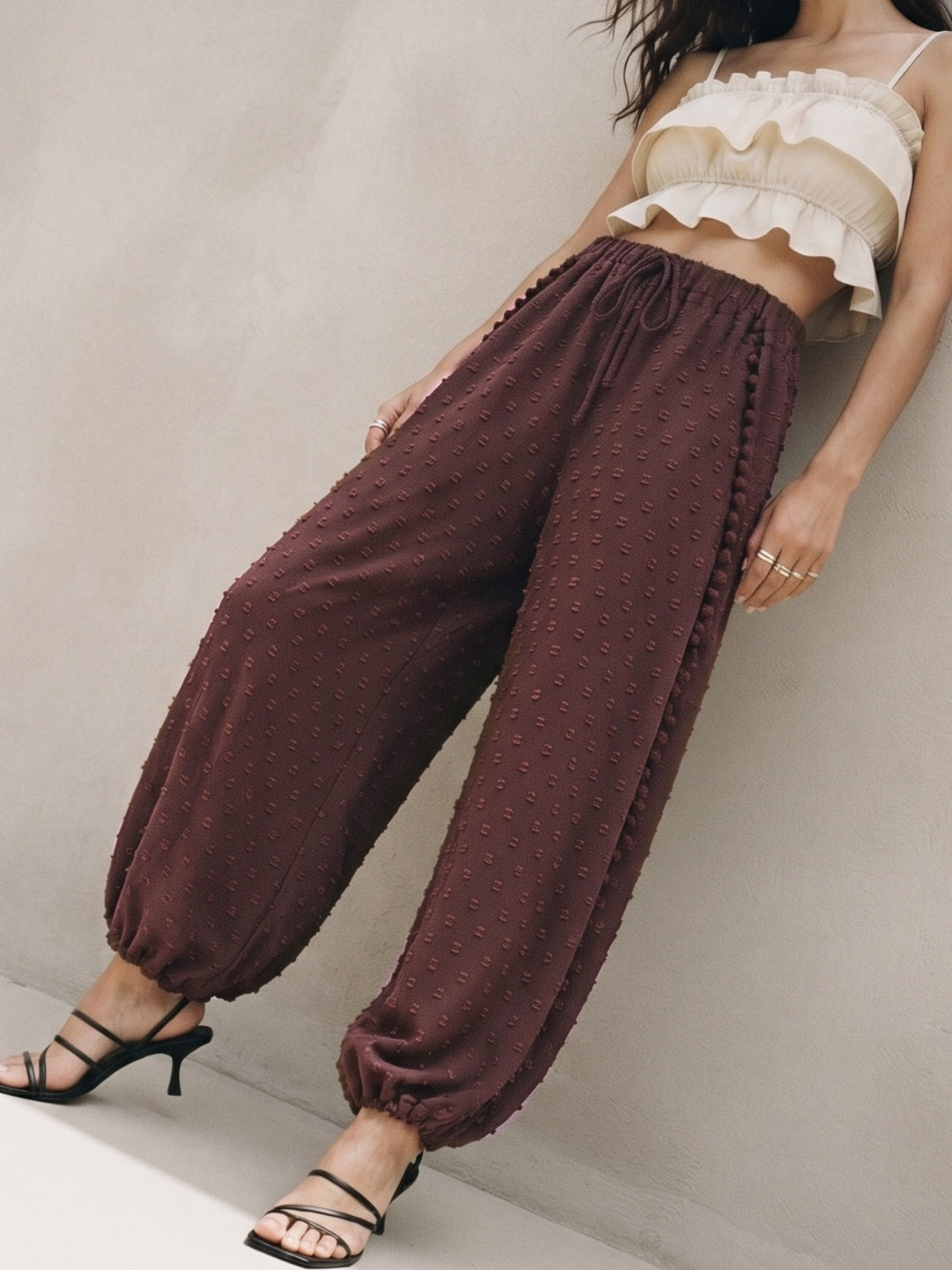 Brown Textured Side Slit Balloon Pant