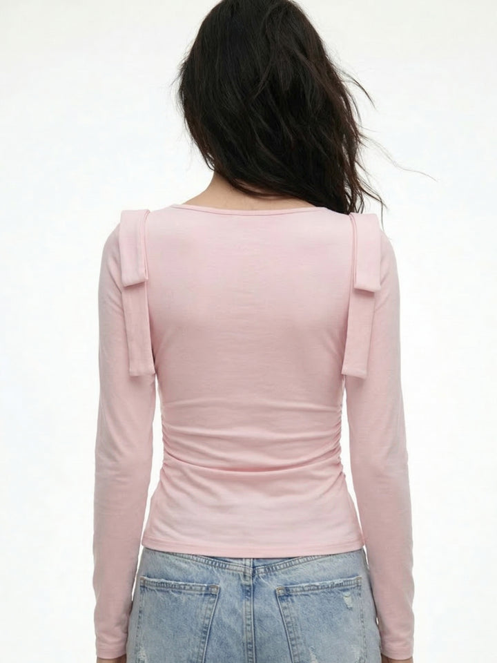 Pink Full Sleeve Shoulder Tie-Up Top