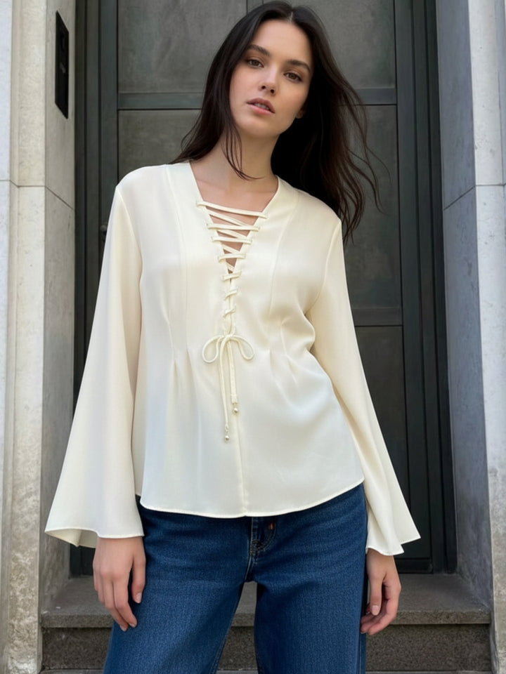 Yellow Front Gladiator Tie Up Flutter Sleeved Blouson