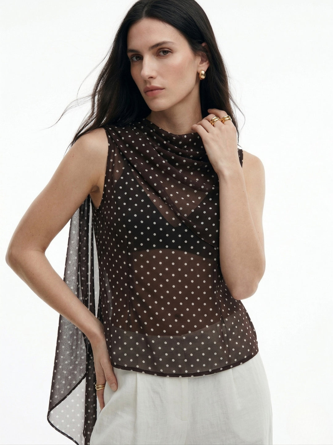 Black Neck Wrap Polka Printed Top
