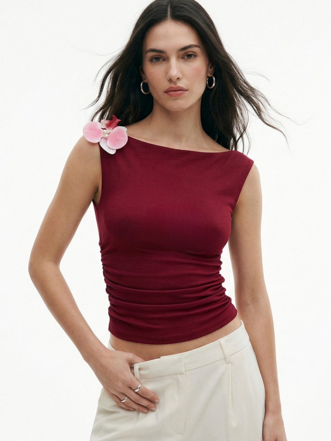 Maroon Fitted Top With Floral Trim On The Sleeve